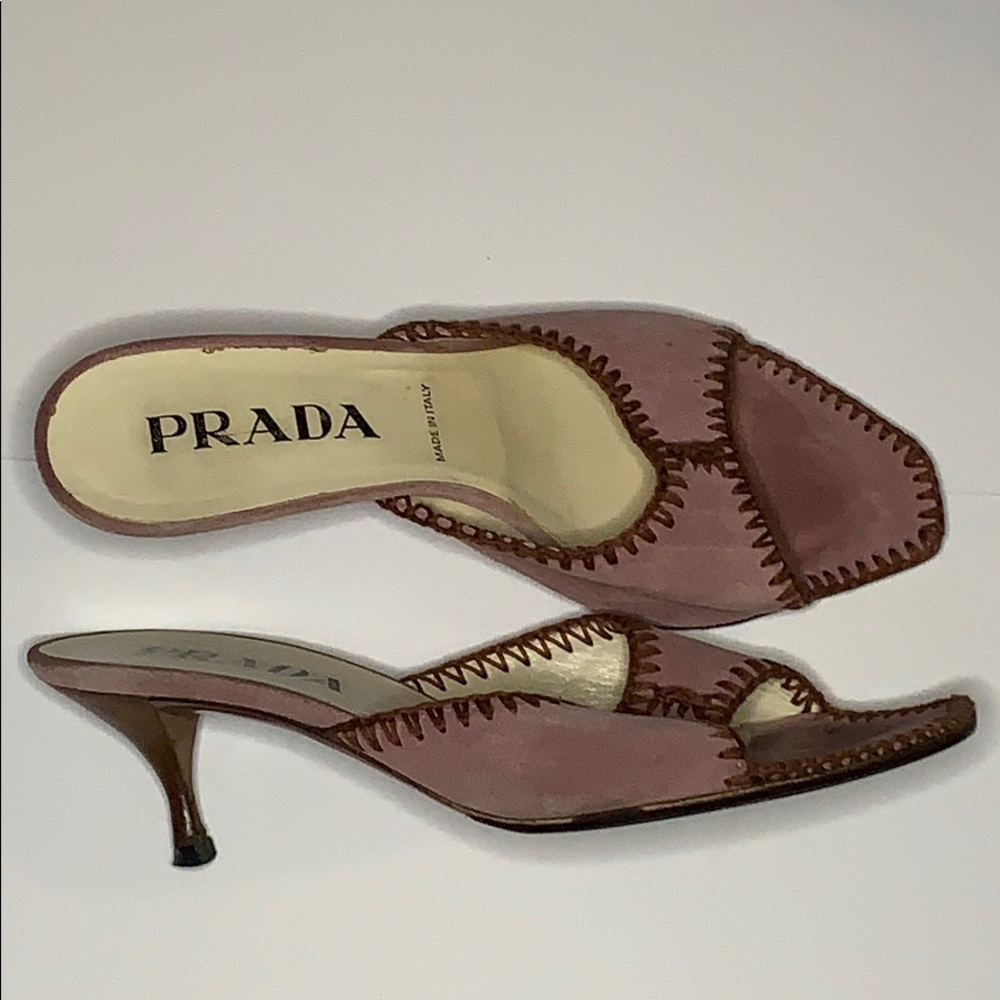 Prada Purple and Brown open toe kitten heels 381/2